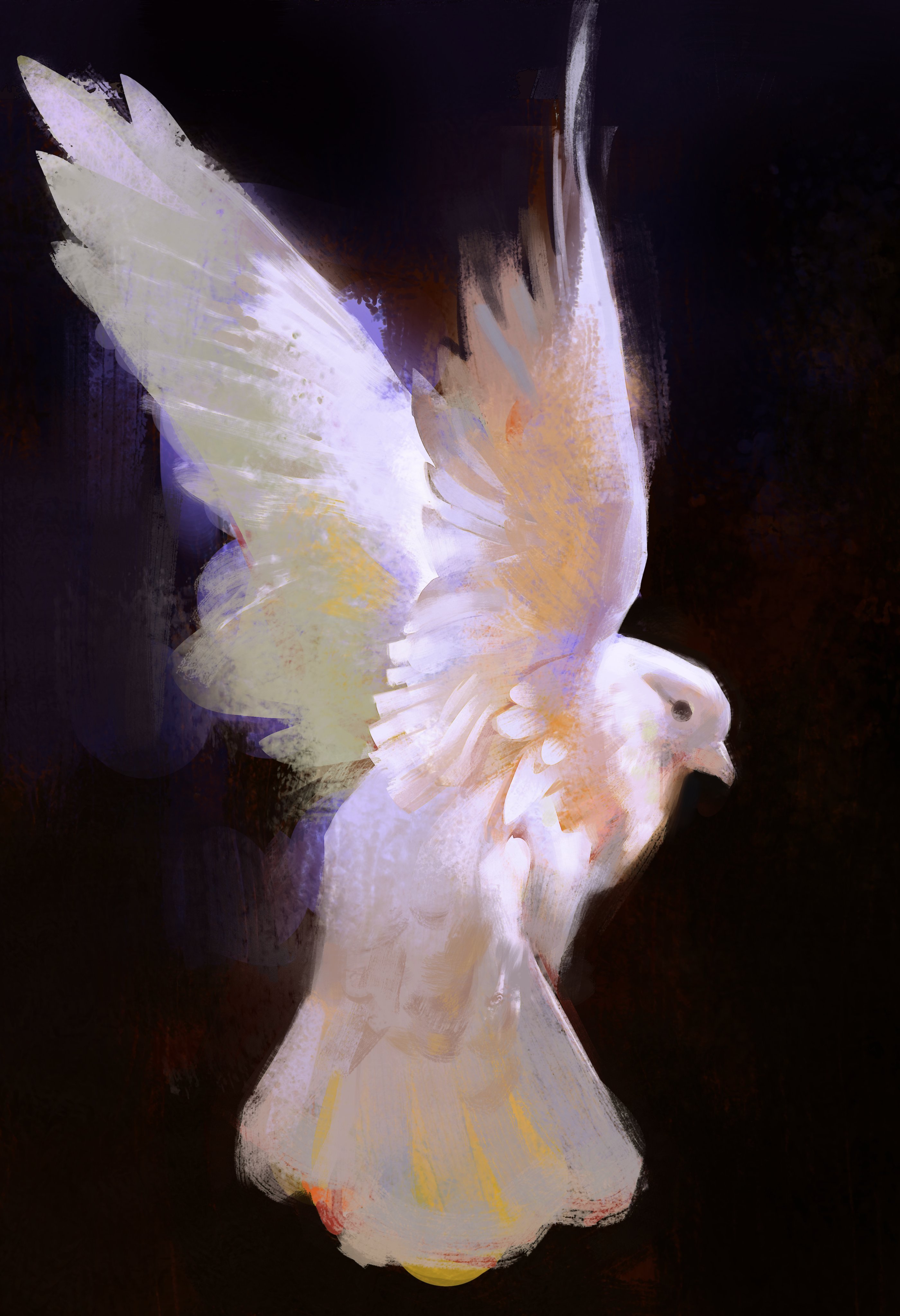 a white dove with its wings spread is painted in a soft and abstract style. the background is dark, making the dove stand out. the painting evokes a sense of peace, hope, and spirituality.