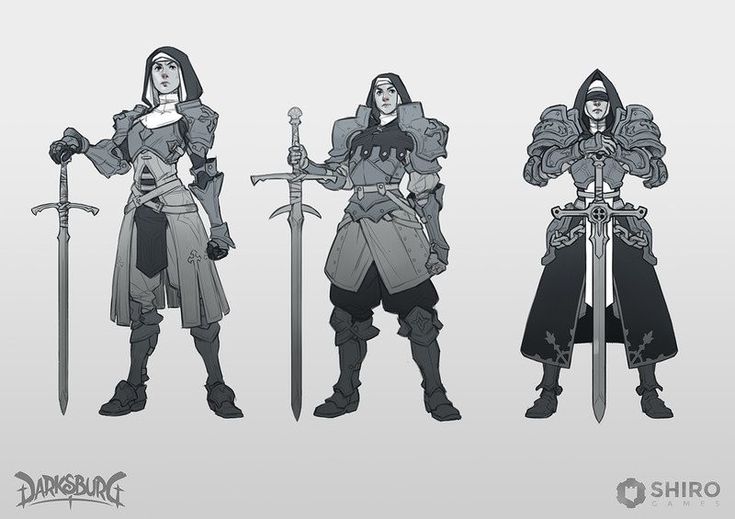 the image presents three grayscale concept art sketches of a female knight character, possibly for a video game. each variation displays the character in different armor and clothing styles, all incorporating a nunlike habit.  the first depicts a nun in lighter armor with a greatsword.  the second version shows a more heavily armored knight, still with nunlike headwear, also wielding a greatsword. the final character is a fully armored nunlike figure with a blindfold, holding a sword and sporting heavier, darker attire.  the art style is consistent across all three designs, suggesting options for a single character or potentially three different characters within the same game world. the darksburge and shiro games logos are present at the bottom, indicating the source and likely developer of the character design.