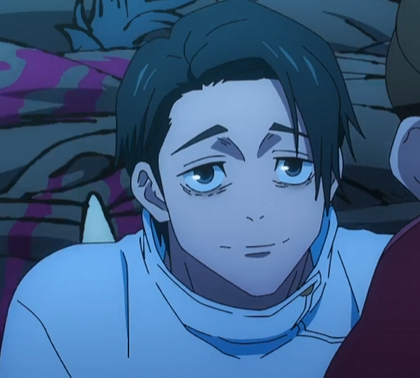 a closeup screenshot of an anime man with short dark hair and tiredlooking eyes. he's wearing a white highcollared shirt. the environment suggests he might be inside a tent.  the scene is lit with cooltoned light, likely suggesting nighttime.