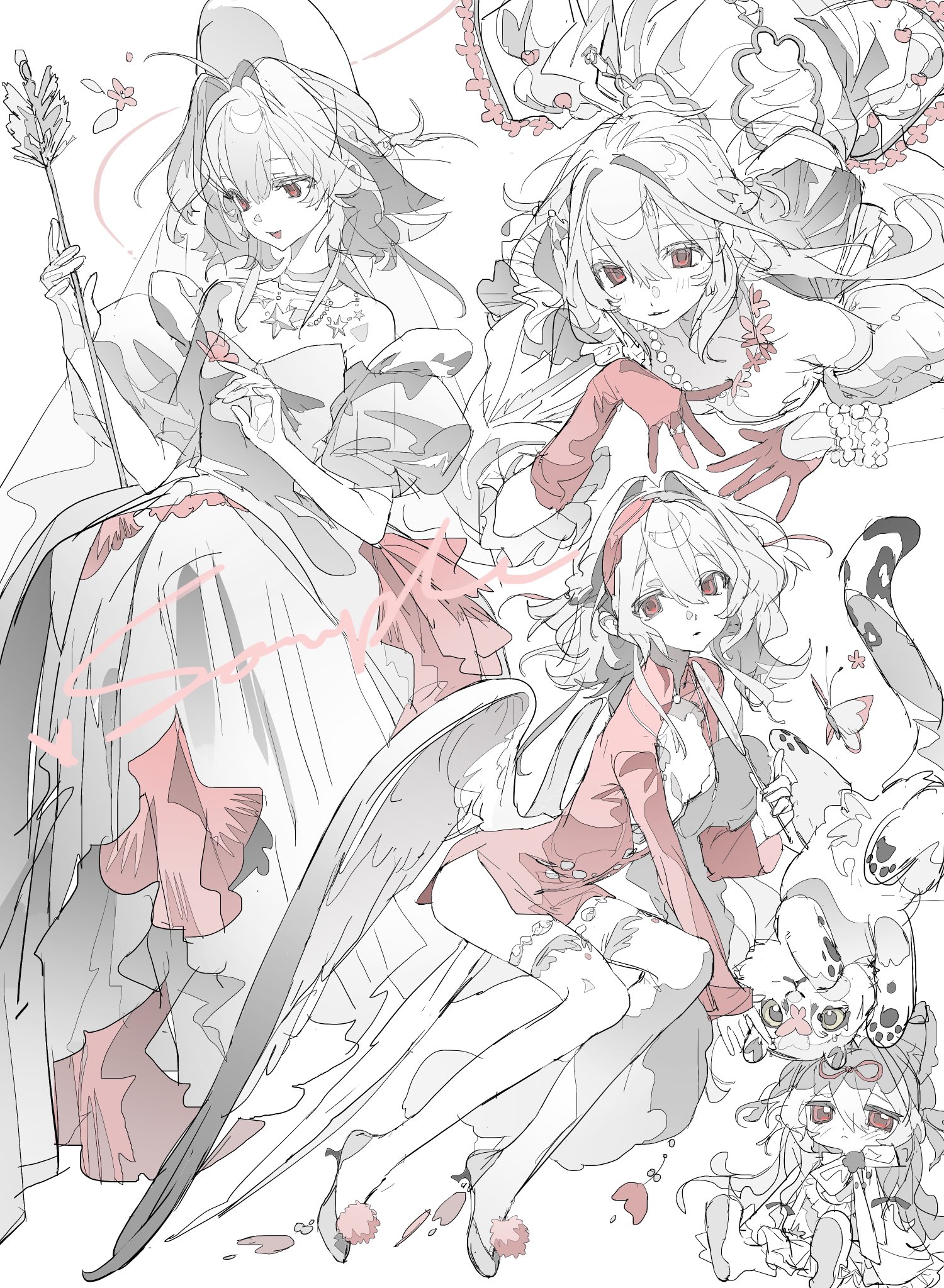 a digital illustration of four anime girls. one is wearing a big white dress with pink and red accents, another girl is wearing a red dress with angel wings, another is wearing a red dress with a black and white cat, and the last girl is wearing a white dress with pink accents. the image is drawn in a soft, whimsical style.