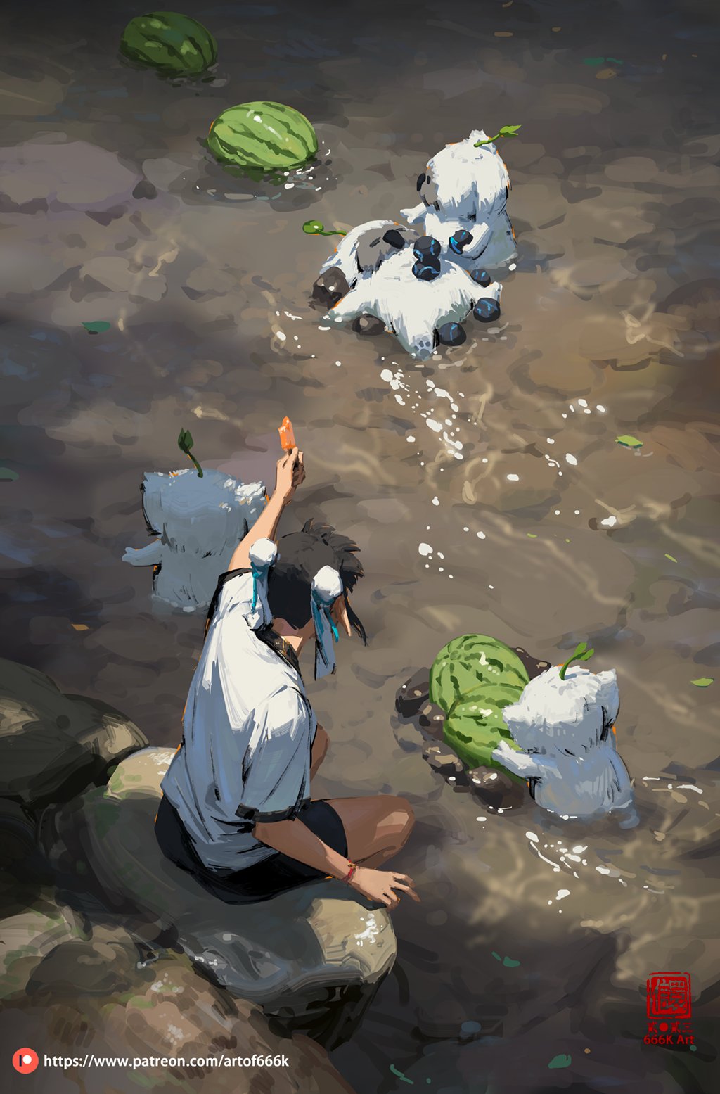 the image is a digital painting depicting a young animestyle girl sitting on rocks by a shallow river or stream. she's holding a popsicle and appears to be interacting with several small, fluffy, white creatures that resemble dogs or sheep, who are playing with watermelons in the water.  the overall tone is light, happy, and summery. the style is painterly and expressive, with a focus on atmosphere and character interaction. a patreon watermark is visible in the bottomleft corner.