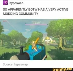 the image is a meme about the modding community for the legend of zelda: breath of the wild. it shows a modified version of the game where link is riding a thomas the tank engine train and fighting a hinox. the text above the image says "so apparently botw has a very active modding community". this meme is funny because it highlights the creativity and dedication of the botw modding community, who have created a wide range of mods, including this one that replaces link's horse with a train.