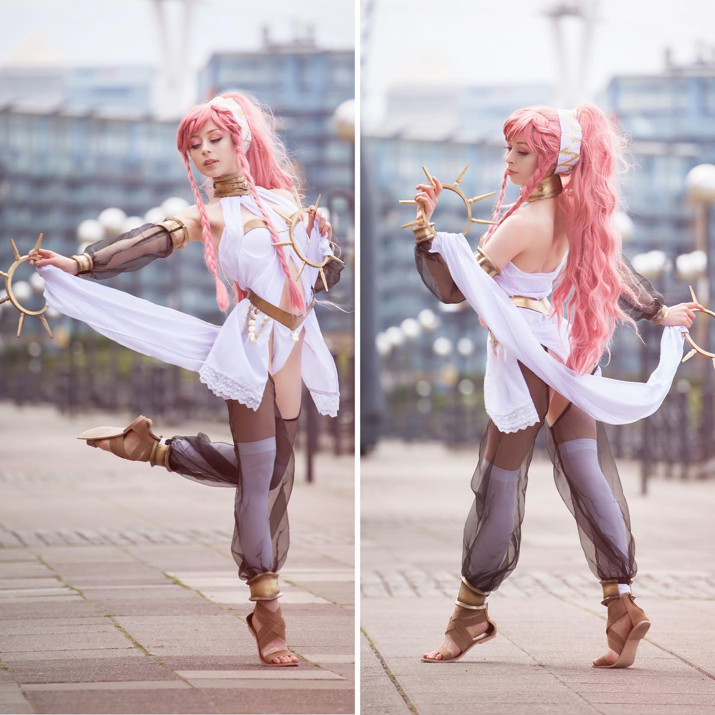 captivating image showcasing a cosplayer dressed as sothis from fire emblem: three houses. the cosplayer, with vibrant pink hair and a flowing white dress adorned with gold accents, expertly embodies the character. the setting is an outdoor urban environment, providing a contrast between the fantasy attire and the modern backdrop. the cosplayer's poses, captured from two different angles, highlight the costume's intricate details and the character's graceful demeanor.  the photograph's lighting and composition enhance the overall aesthetic, creating a stunning visual narrative.