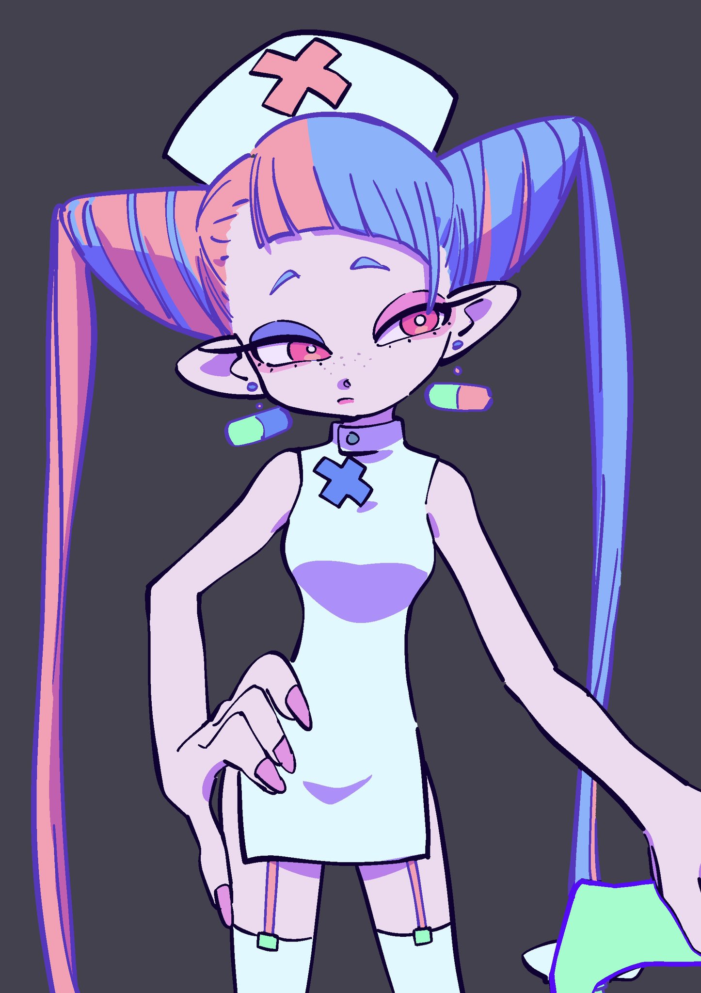 his is a digital drawing of an animestyle elf nurse. she has splitcolored hair (pink and blue) in long pigtails, pointed ears, and is wearing a white nurse's dress with a pink cross. her outfit includes thighhigh stockings and arm garters. she is posing with one hand on her hip and the other holding a medical chart (partially visible). her expression is neutral.