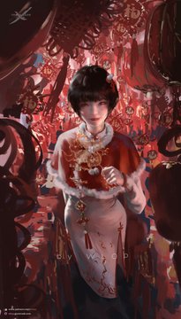 a young woman stands amidst a vibrant celebration adorned with traditional chinese new year decorations. she is wearing a beautiful red and white cheongsam, a traditional chinese dress. the warm, soft lighting enhances the festive atmosphere, highlighting the intricate details of her attire and the surrounding decorations. the closeup perspective emphasizes her confident gaze and the joy of the occasion.