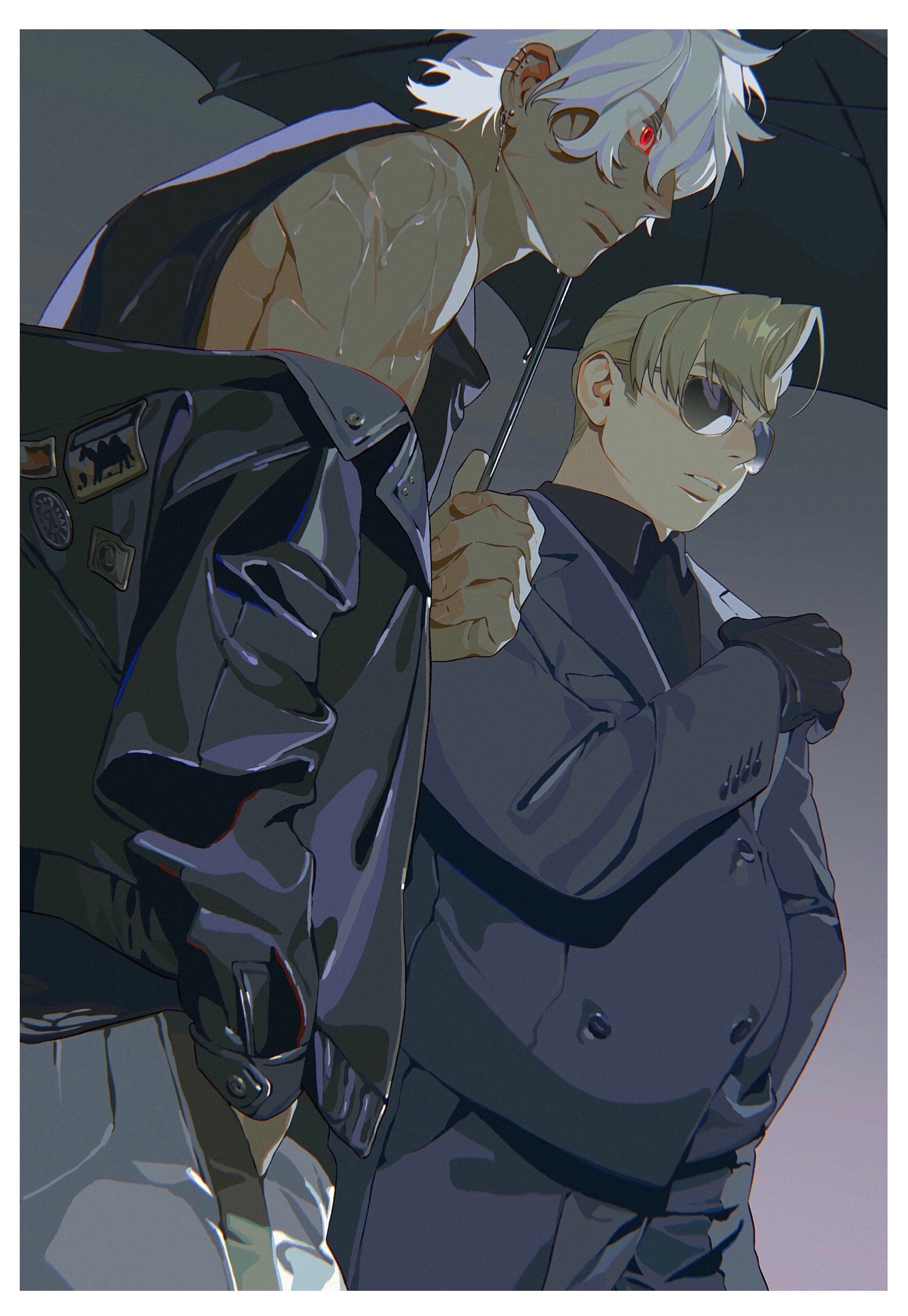 an animestyle image featuring two men under an umbrella. the man in the foreground is wearing a dark suit with black gloves and sunglasses. the man behind him is shirtless with white hair and a single red eye. he is also wearing a black jacket draped over his shoulders. there are droplets visible on the shirtless man's skin.