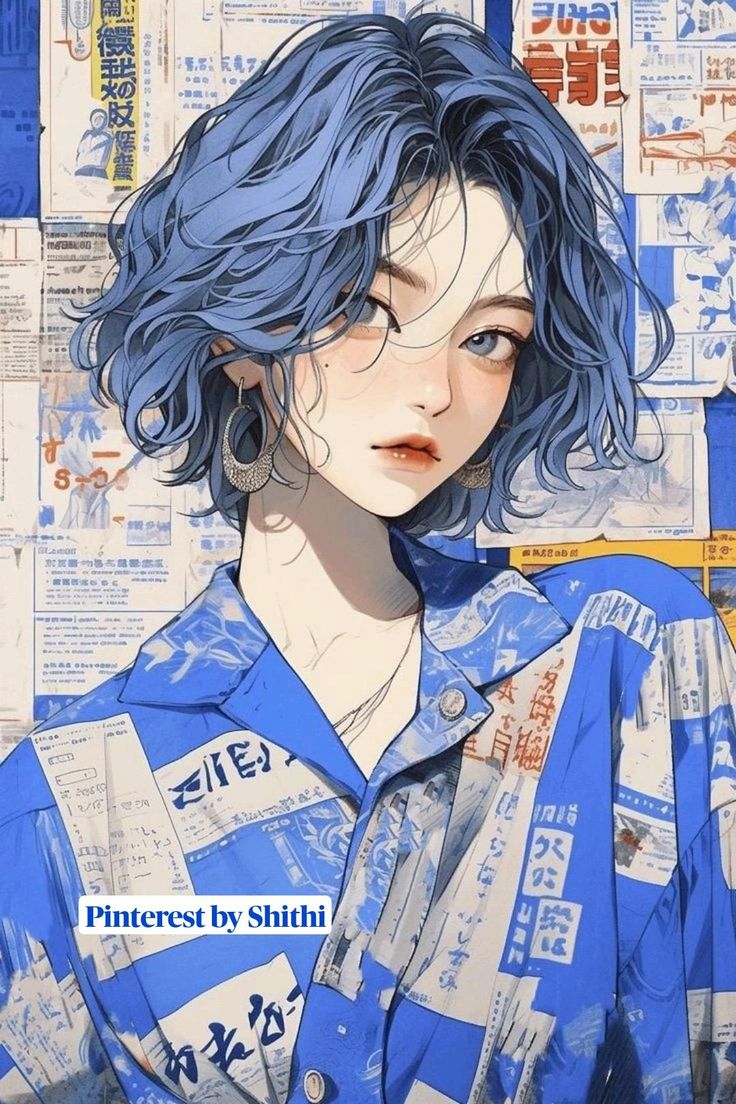 the image is a digital illustration of a young animestyle girl with short, choppy blue hair. she has soft, delicate features and is wearing a loosefitting blue shirt patterned with what looks like snippets of japanese text from newspapers or magazines.  the background is a collage of similar text and images, creating a visually busy but cohesive backdrop that contrasts with the soft, light coloring of the girl.  the overall style is aesthetic and fashionable. the artist's pinterest name, shithi, is subtly included in the image.