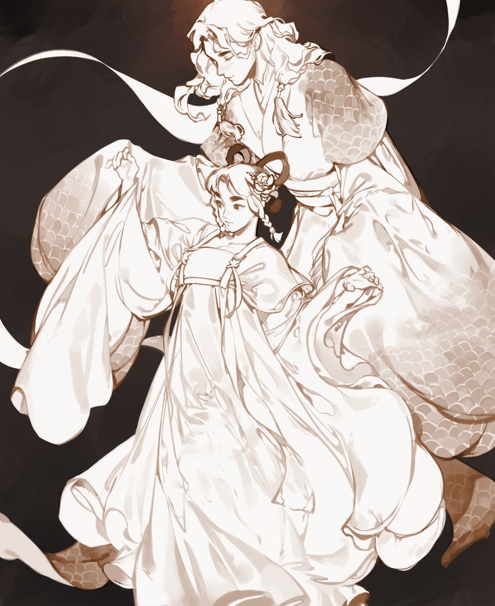 the image is a monochrome illustration featuring two figures, a man and a woman, adorned in traditional chinese clothing, specifically hanfu. the man is taller, with long, flowing hair, possibly blonde or light brown, and wears a garment with large, patterned sleeves. his gaze is directed downward, seemingly focused on the woman. the woman stands slightly in front of him, also wearing an elaborate hanfu dress with flowing fabric. her hair is styled with braids, a flower, and hair ornaments. a white ribbon is draped around them, adding to the ethereal quality of the image. the background is dark.