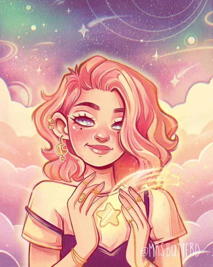 a young woman with long pink hair is shown in a whimsical illustration set against a dreamy backdrop of a starry galaxy. she is smiling and has her hands around a golden star necklace, with a sparkle of glitter coming from the star. she appears to be in a magical fantasy realm, with a soft ethereal glow surrounding her.