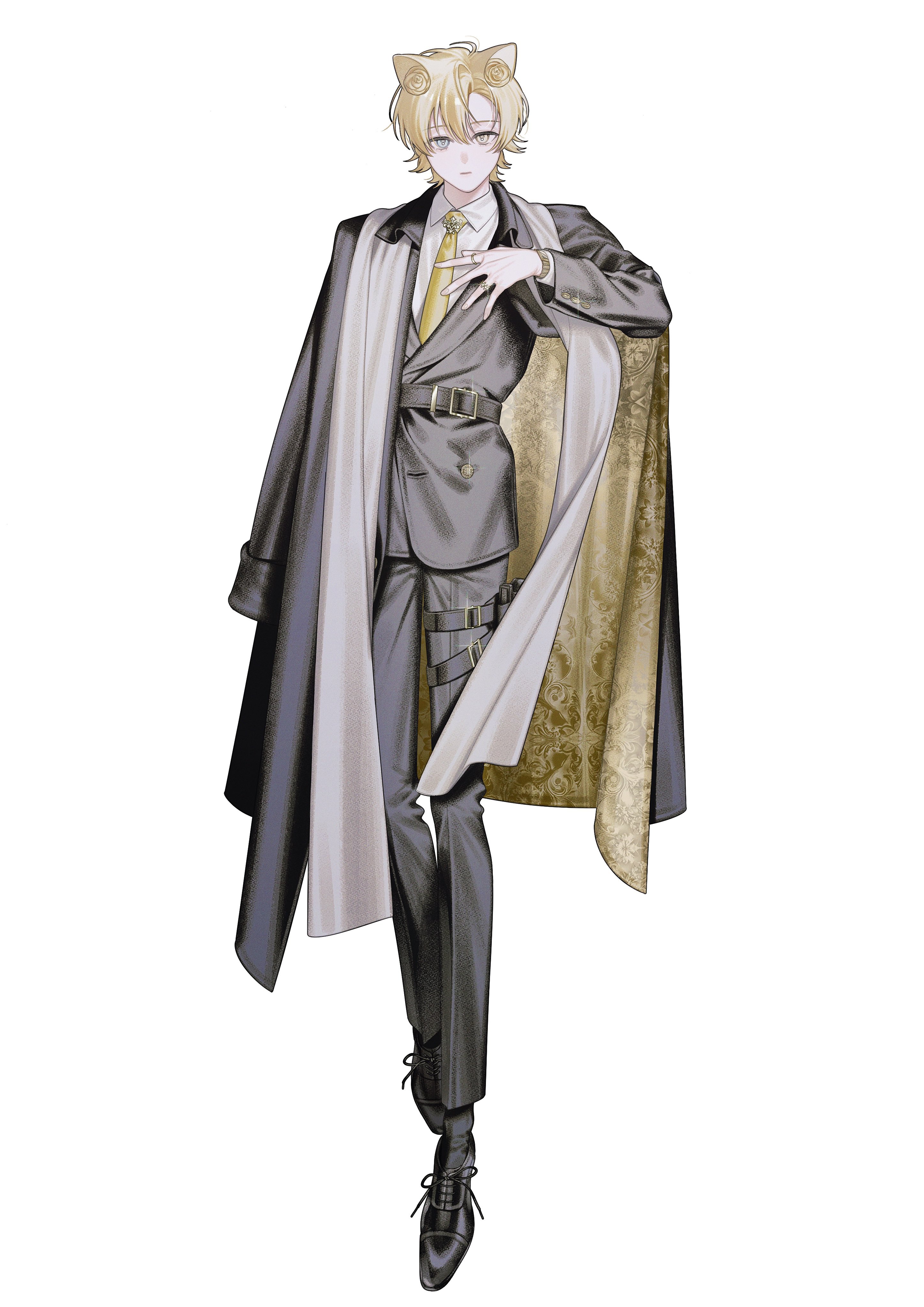 the image is a fullbody illustration of an animestyle male character. he has blond hair styled in a slightly messy way, and is wearing cat ears. he's dressed in a dark gray suit with a doublebreasted jacket, a lightcolored collared shirt, and a yellow tie. his outfit is complemented by a long dark coat with a lightercolored, patterned inner lining partially visible. he also has a belt with what seems like a holster or accessory attached. his posture is sophisticated and relaxed; he has one hand resting on the other. his shoes are dark and formal. the background is plain white, making the character the central focus of the image. the style is clean and detailed, with attention paid to both the character's design and the quality of the clothes. the overall impression is one of stylish elegance and a hint of mystery due to the cat ears and subtle accessorizing.