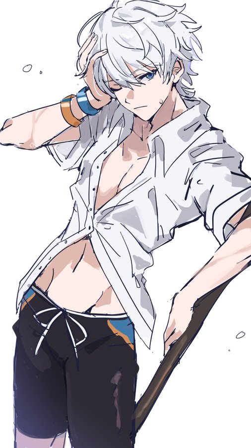 an anime style drawing of a young man with white hair, blue eyes, a white shirt, and black shorts. he is holding a stick in his right hand. he is looking down with his hand over his face. the background is white.