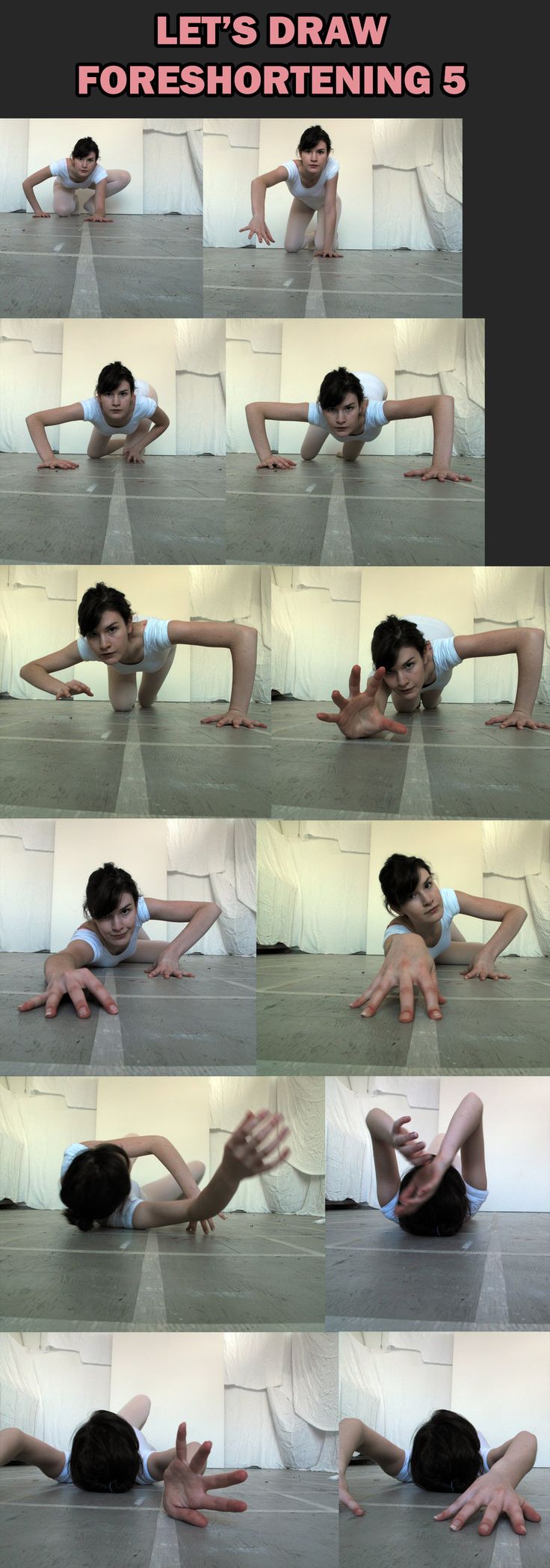 a grid of ten images depicting a woman in a white tank top and nude leggings in various poses on a light gray floor against a white backdrop. the woman is demonstrating foreshortening, a technique used in art to create the illusion of depth and threedimensionality on a twodimensional surface. the poses emphasize the foreshortening of her limbs as she reaches towards the viewer. the lighting is soft and diffused, creating subtle shadows and highlights that accentuate the woman's form.