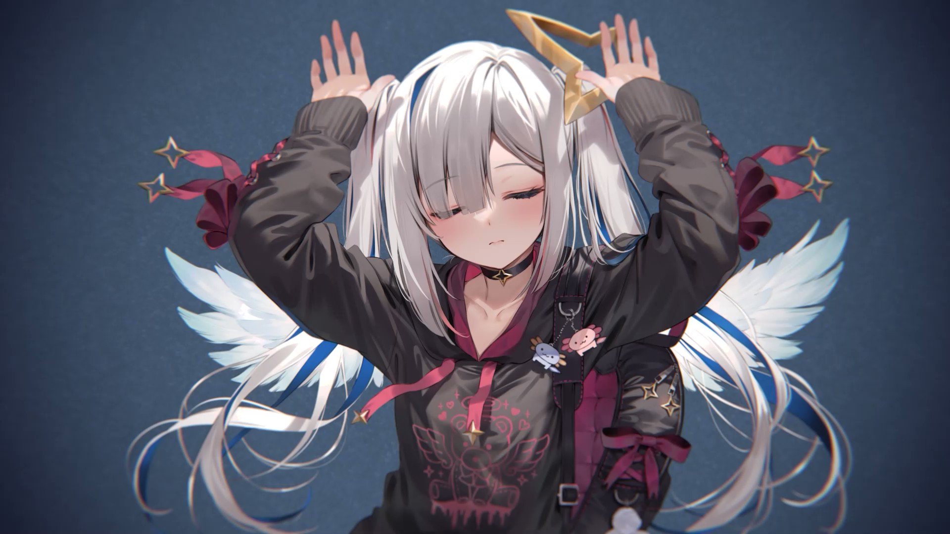 the image is a digital illustration of an anime girl with long, flowing white hair with streaks of blue.  she has angel wings and is wearing a darkcolored hoodie with a cute design on it, featuring stars and other small details. she's also wearing a gold halolike accessory and has her hands raised above her head as if making bunny ears. her expression is serene and peaceful, with her eyes closed. the overall style is cute and slightly dark, with a fantasy element present due to the wings and halo. the background is a simple, dark blue.