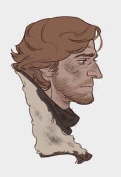 a cartoon drawing of a man with brown hair and a beard, wearing a furcollared jacket, looks tired and frowns slightly. his brown hair is long and messy, and his beard is slightly unkempt. he is wearing a dark brown jacket with a white fur collar.  he looks tired, perhaps even sad, with his eyebrows slightly furrowed and his eyes closed.  the drawing is done in a cartoon style, and the colors are muted and realistic.