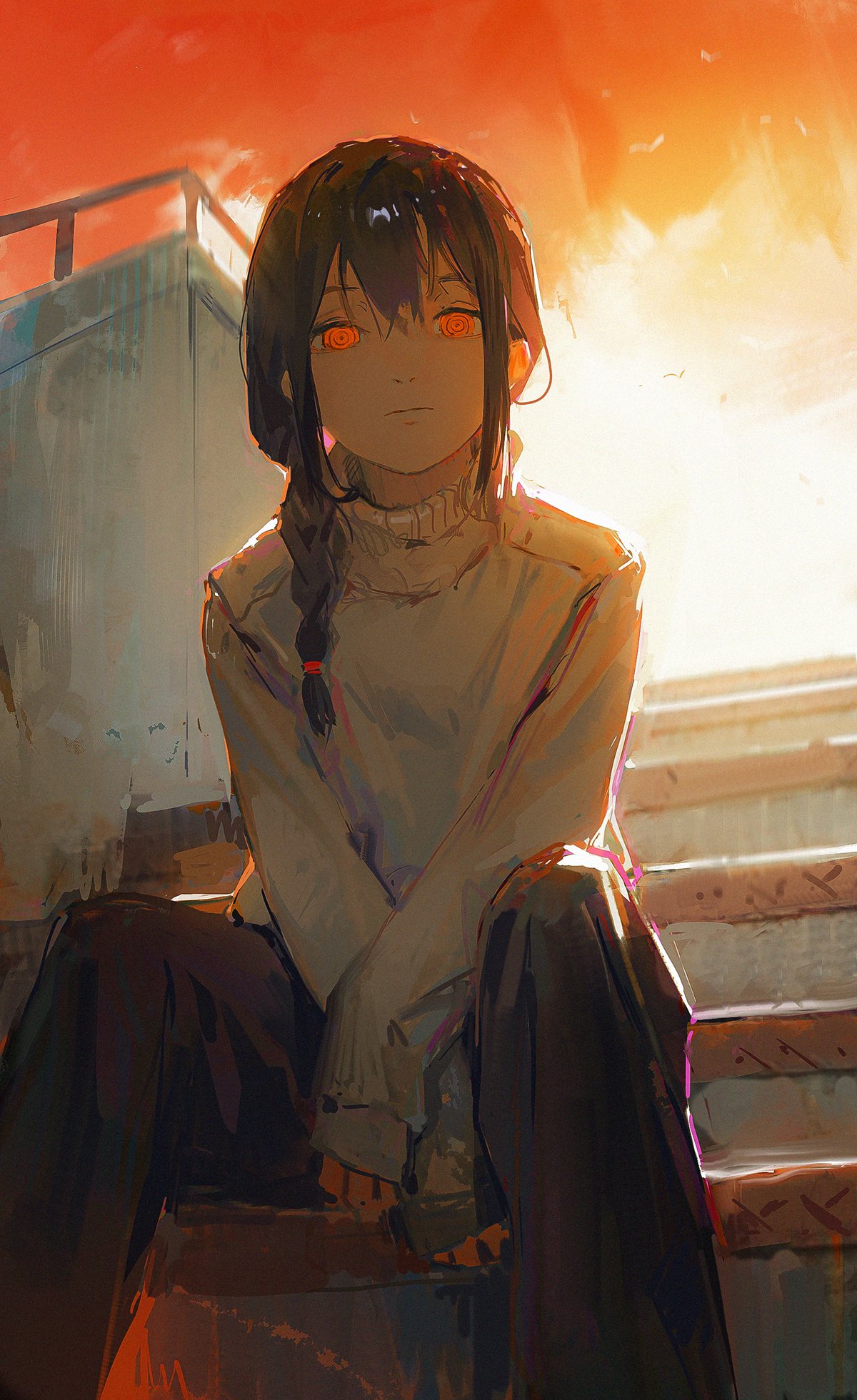 a digital illustration of an anime girl with long black hair in a braid sitting on a staircase outdoors. she has orange eyes and is wearing a white sweater. the background is a sunset with a warm orange color.