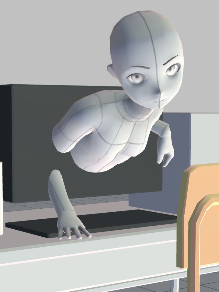 a 3d rendered anime girl with a white body reaches out from a gray table. she is looking at the viewer.  the girl is rendered in a simple, clean, and modern style, with no background except the table and a chair.