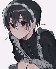 a digital illustration of a young anime boy with short black hair and black eyes. he wears a black and white maid outfit with a frilly headband and collar, and his cheeks are slightly flushed. he's looking down and to the left with a slightly melancholic expression.