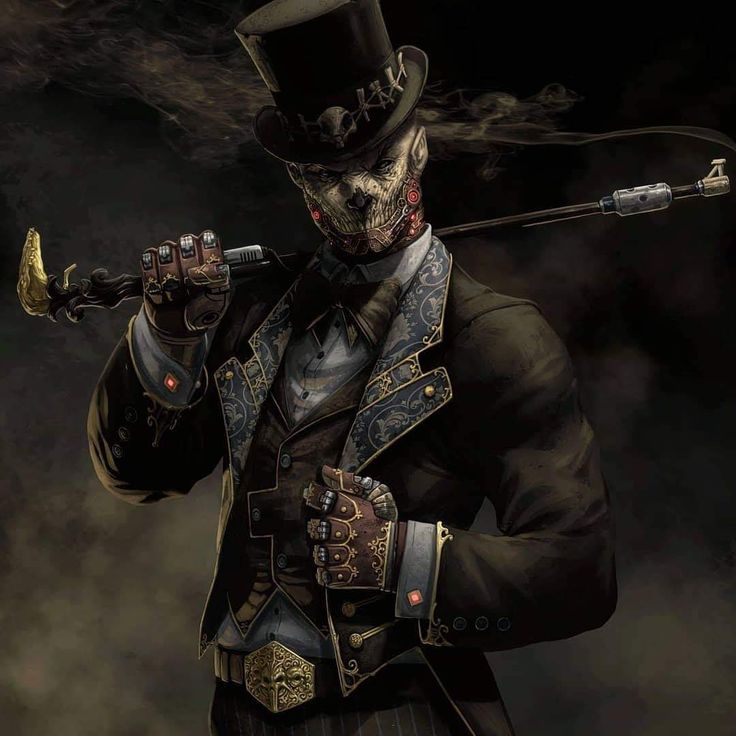 a steampunk gentleman with a skulllike face wearing a top hat and a suit of armor. he is holding a walking stick with a mechanical handle. the background is dark and smoky. the artwork has a gothic and fantasy feel to it.