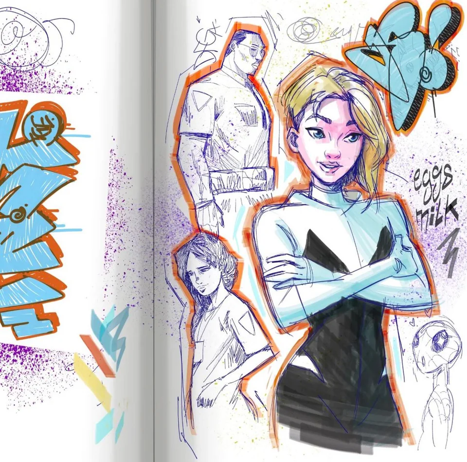 the image is a sketchbook page featuring a stylized, brightlycolored sketch of marvel comics' ghostspider/spidergwen, standing in a confident pose with her arms crossed. her father, captain george stacy, stands behind her, while a third, unidentified, female character is shown in a smaller sketch in the foreground. the style is reminiscent of comic book art, with bold lines, exaggerated features, and vibrant colors. graffitilike elements in blue and orange add to the dynamic energy of the piece.