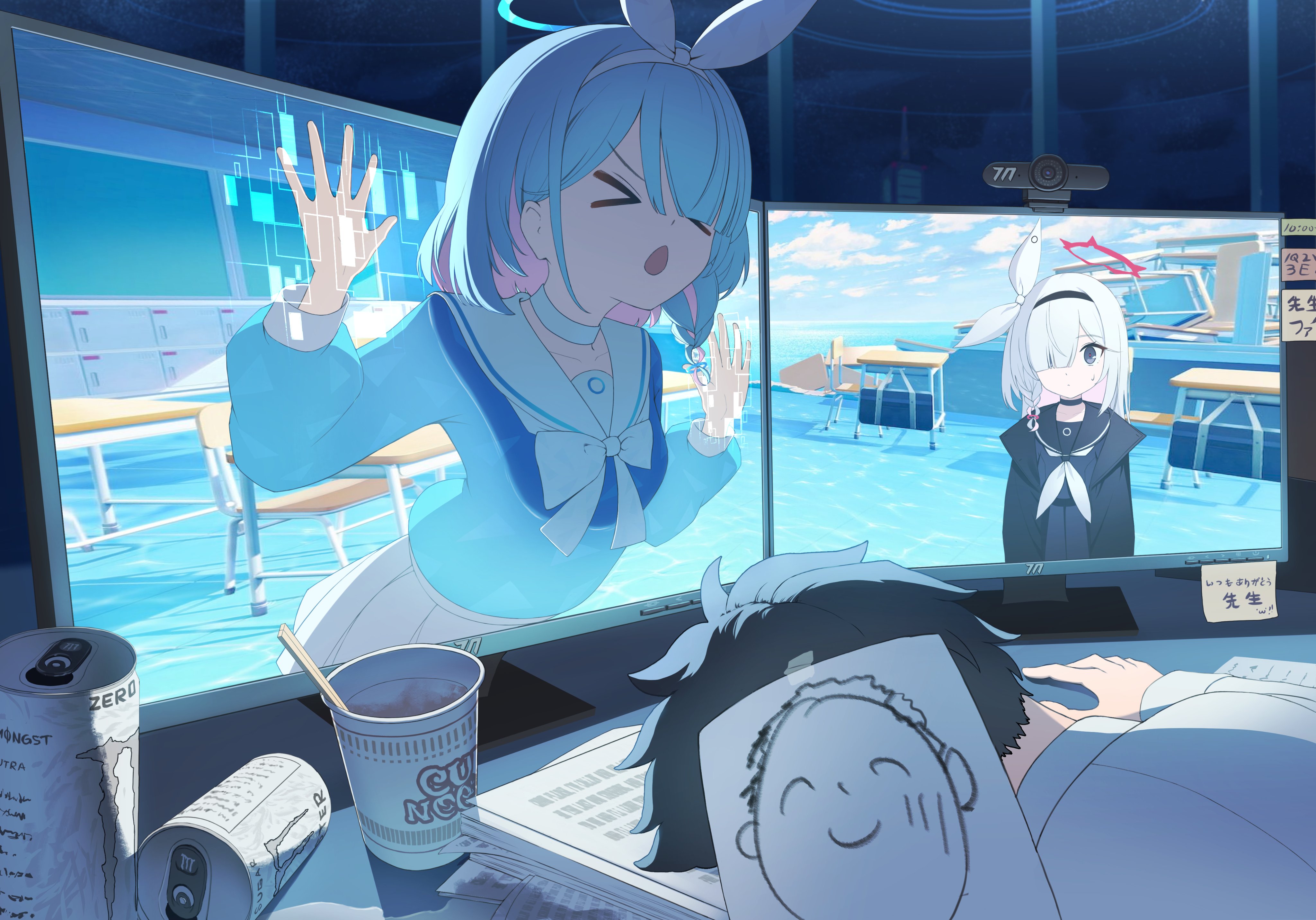 the image shows an animestyle scene of a young man sleeping at his desk with a piece of paper with a drawn face over his own. on his computer screens are two anime girls, one appearing frustrated and gesturing with her hands, and another appearing calm. the setting suggests a virtual classroom or online meeting.  various items like ramen, energy drinks, and papers are scattered on the desk, creating a slightly messy and livedin atmosphere. the overall aesthetic is vibrant and slightly whimsical, with a focus on the contrasting moods of the characters.