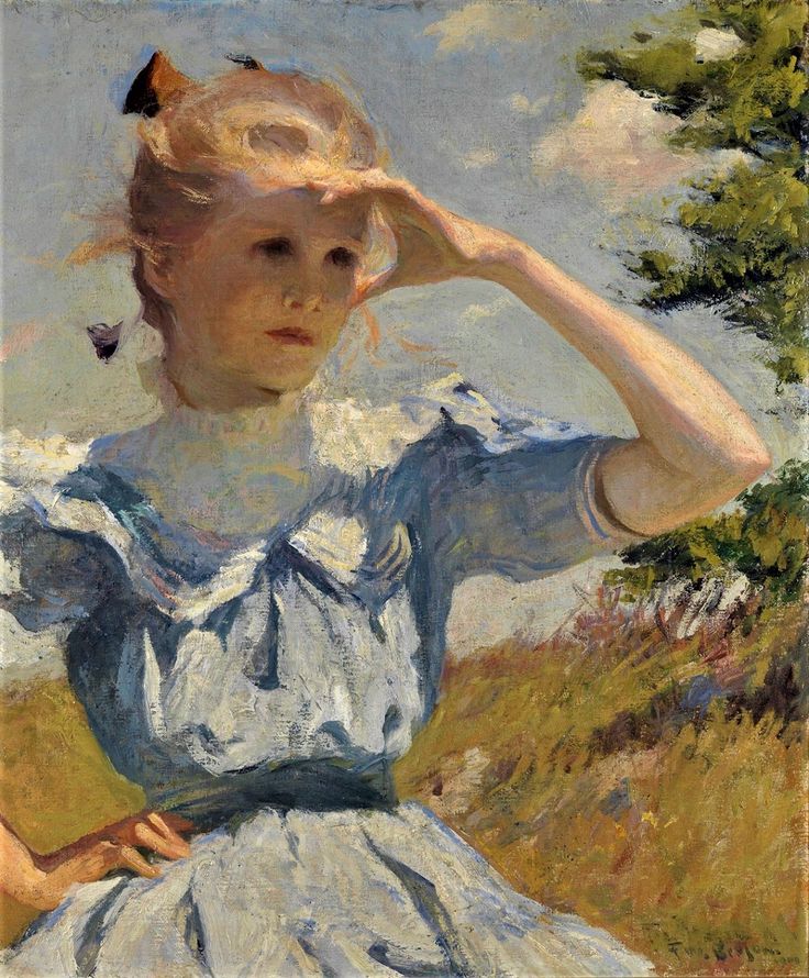 the painting portrays a young woman with blonde hair, wearing a blue and white dress, standing in a grassy field. she is looking out towards the horizon, with her hand shielding her eyes from the sun. the scene is bright and sunny, with a clear blue sky dotted with fluffy white clouds. the painting is done in an impressionistic style, with loose brushstrokes and vibrant colors. the woman's expression is one of contemplation or longing, suggesting a sense of mystery or introspection.
