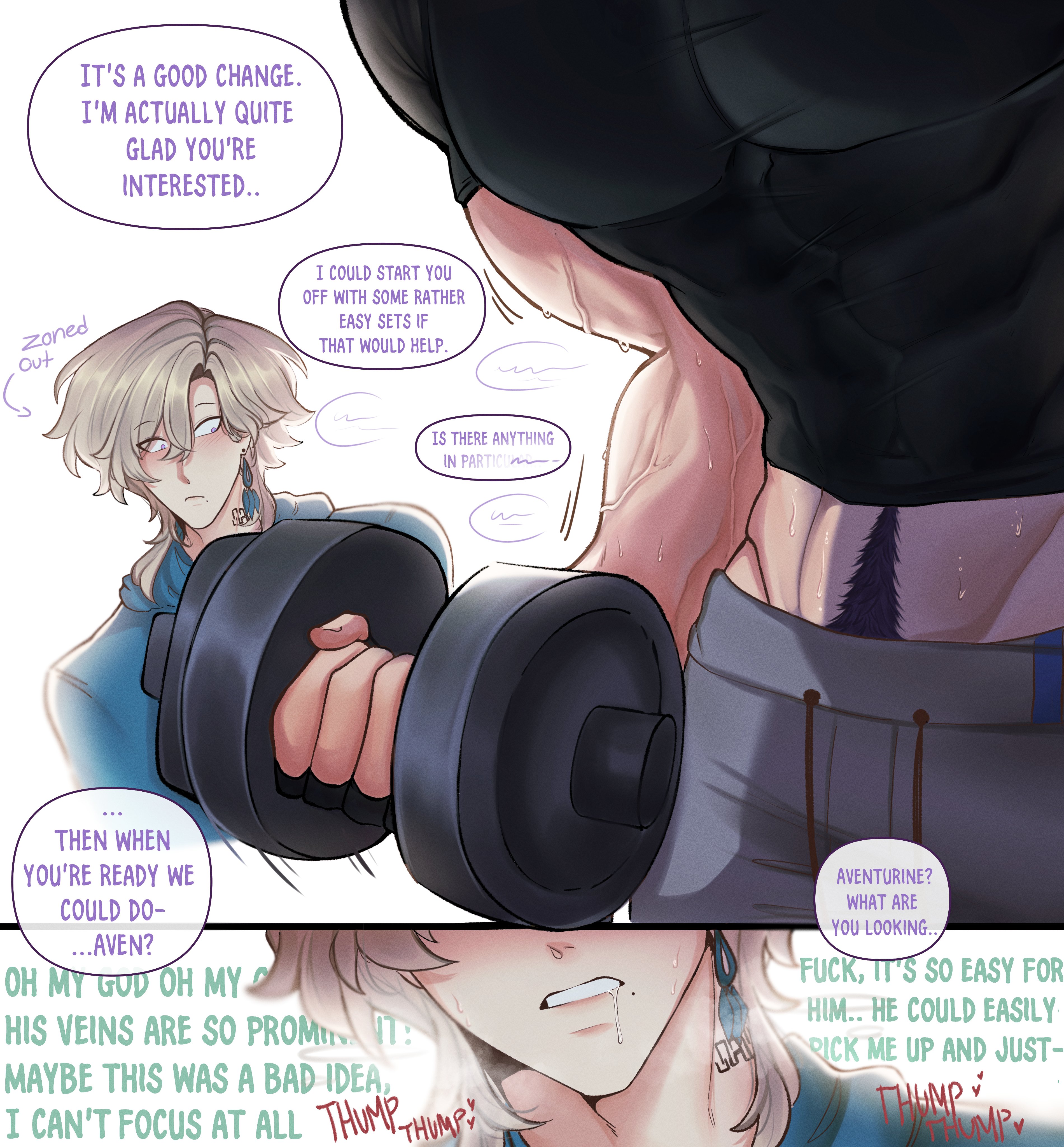 the image is a manga or anime style illustration of two muscular men in a gym setting. one is lifting a dumbbell, while the other is looking at him with admiration and lustful thoughts, as evidenced by the thought bubbles. there are multiple speech bubbles with the two men talking, and one of the men is zoned out.