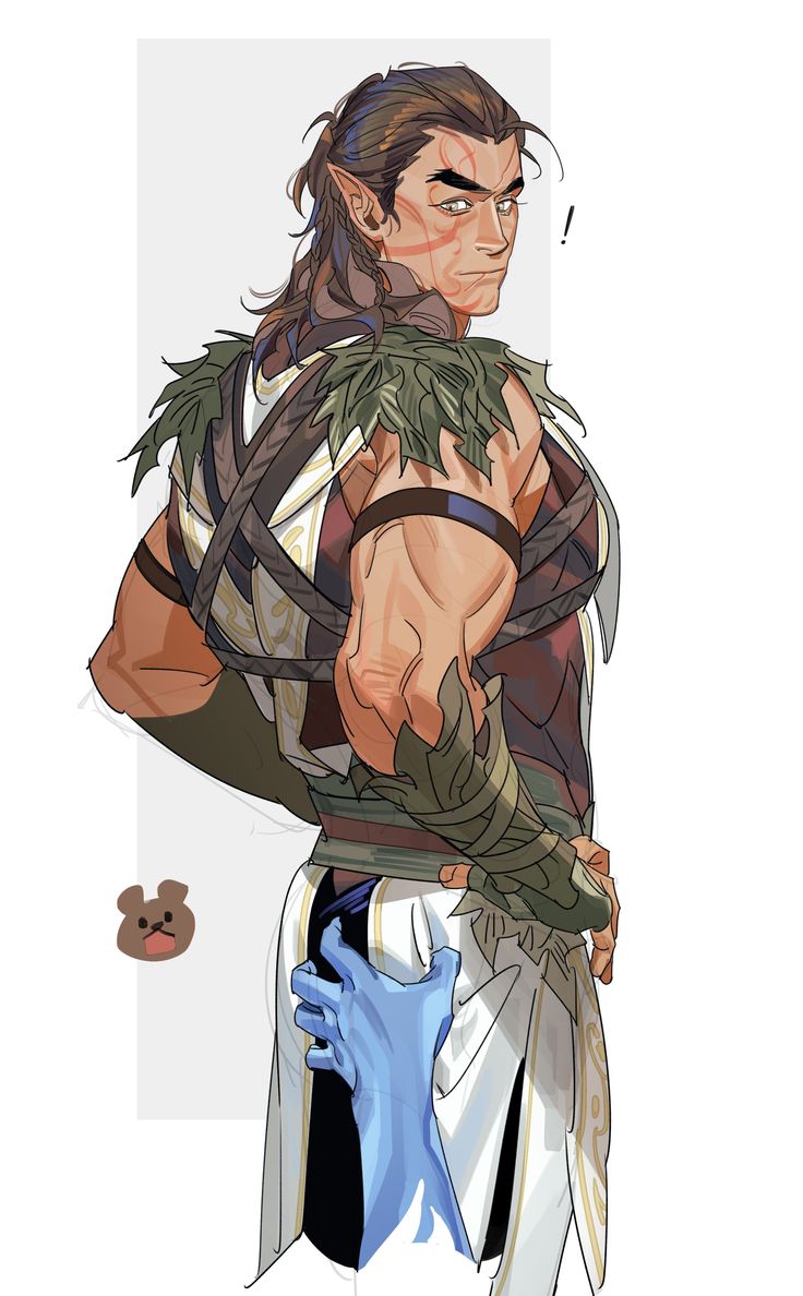 the image is a digital fanart depicting a muscular male elf character with long brown hair tied back. he's wearing elaborate fantasystyle clothing with leaflike shoulder armor and a white robe.  the elf looks surprised and is slightly turned away from the viewer,  with a blue hand reaching from below and playfully grabbing his backside. a small brown bear emoticon is in the bottom left corner of the image. the art style is vibrant and detailed, with a focus on character design and expression. the background is a simple, muted gray.