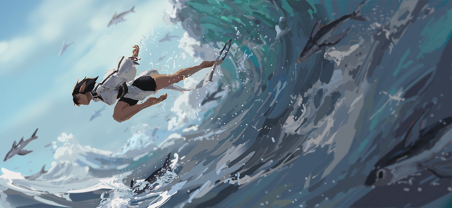he artwork is a dynamic digital painting depicting a young elven woman surfing a large ocean wave. she has dark hair, pointed ears, and is wearing a white and black outfit.  numerous fish swim around her and in the wave. the style is reminiscent of anime or manga, with vibrant colors and a flowing, painterly style. the scene is full of motion and energy, conveying a sense of speed and excitement. the background features a bright, partly cloudy sky. the overall mood is one of adventure and fantasy.