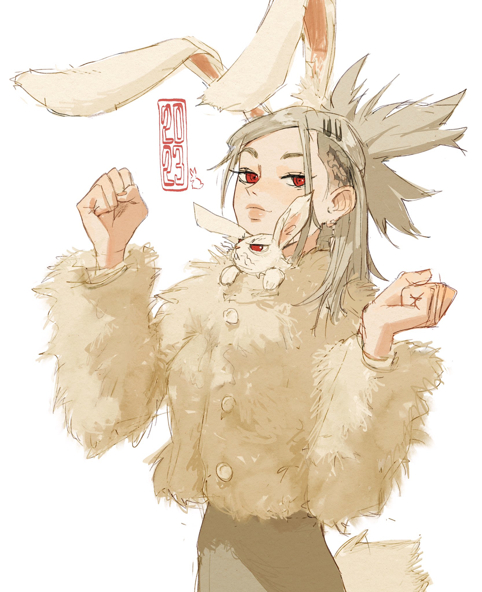 he image is a digital illustration of an animestyle girl dressed in a fluffy, beige jacket with large rabbit ears as a headband. she is holding a smaller white rabbit plushie and making playful gestures with her hands. a red stamp in the background indicates "2023," suggesting a connection to the year of the rabbit in the chinese zodiac. the style is loose and expressive, with visible brushstrokes giving it a slightly impressionistic feel.  the overall mood is lively and cheerful.