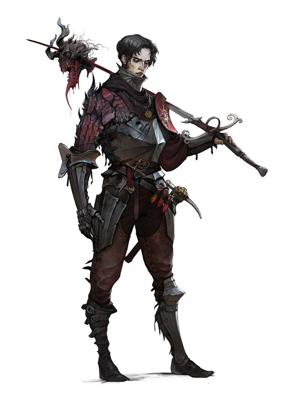 a digital illustration of a male character dressed as a knight with a severed dragon's head mounted on his shoulder. the knight's armor is intricately detailed, with spikes and plates that suggest both protection and battle experience.  his expression is grim, hinting at a dark past or a perilous journey. he stands against a pure white background, drawing all attention to his attire and weaponry.