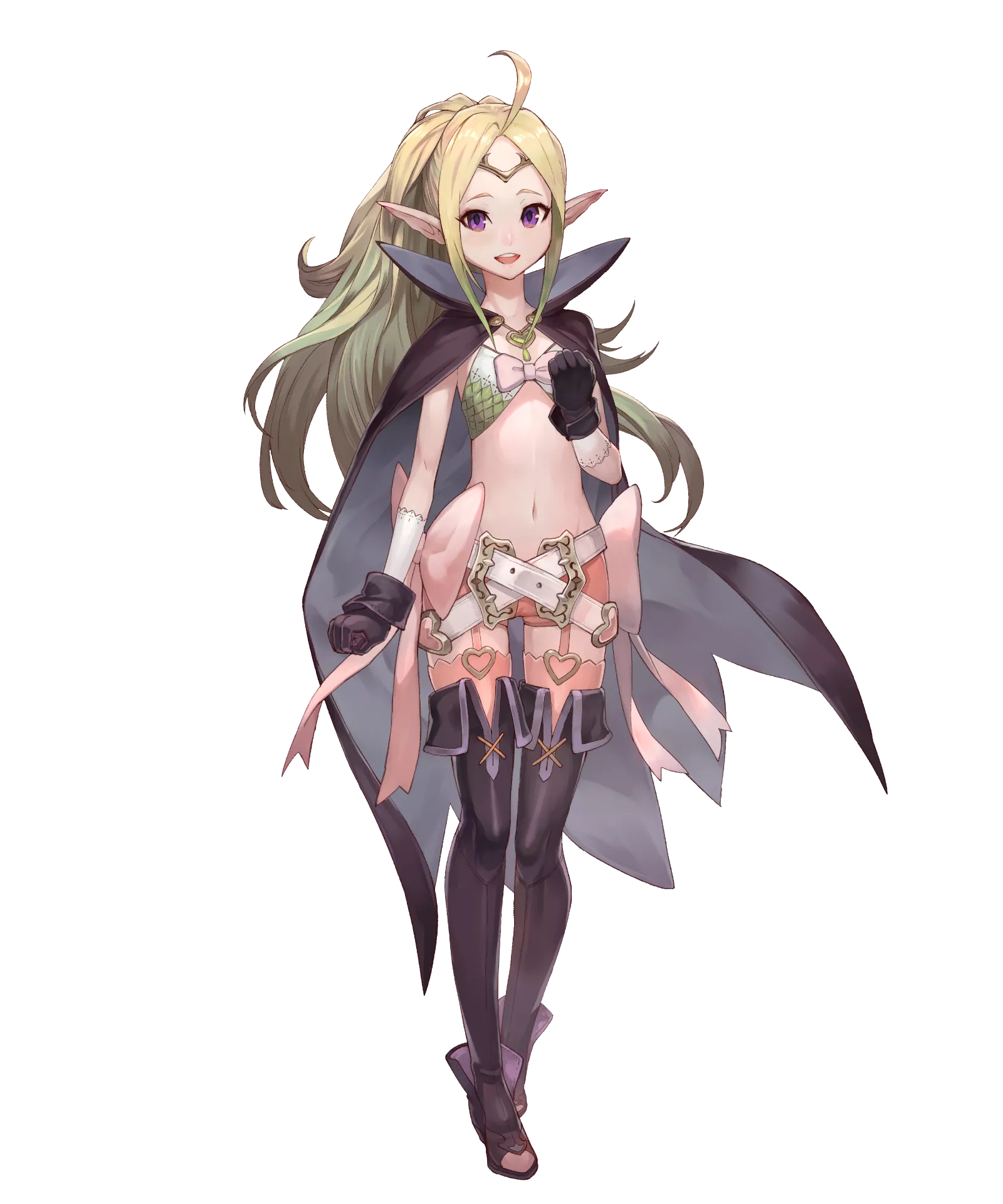 a female elf character with long blonde hair, pointy ears, and green eyes. she is wearing a revealing outfit consisting of a black cloak, a green bikini top with a pink ribbon, orange bottoms with pink ribbons, black gloves, and thighhigh black stockings. she is standing on a black background.