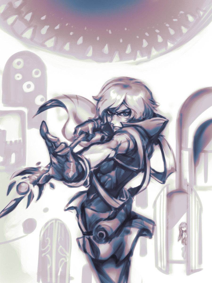 a digital illustration of a female character in white, blue, and black with long white hair, she is holding a weapon and is in a fighting pose. the background is white and has many different abstract shapes that appear to be windows in the distance. the female character is in a battle stance and she appears to be ready to attack.