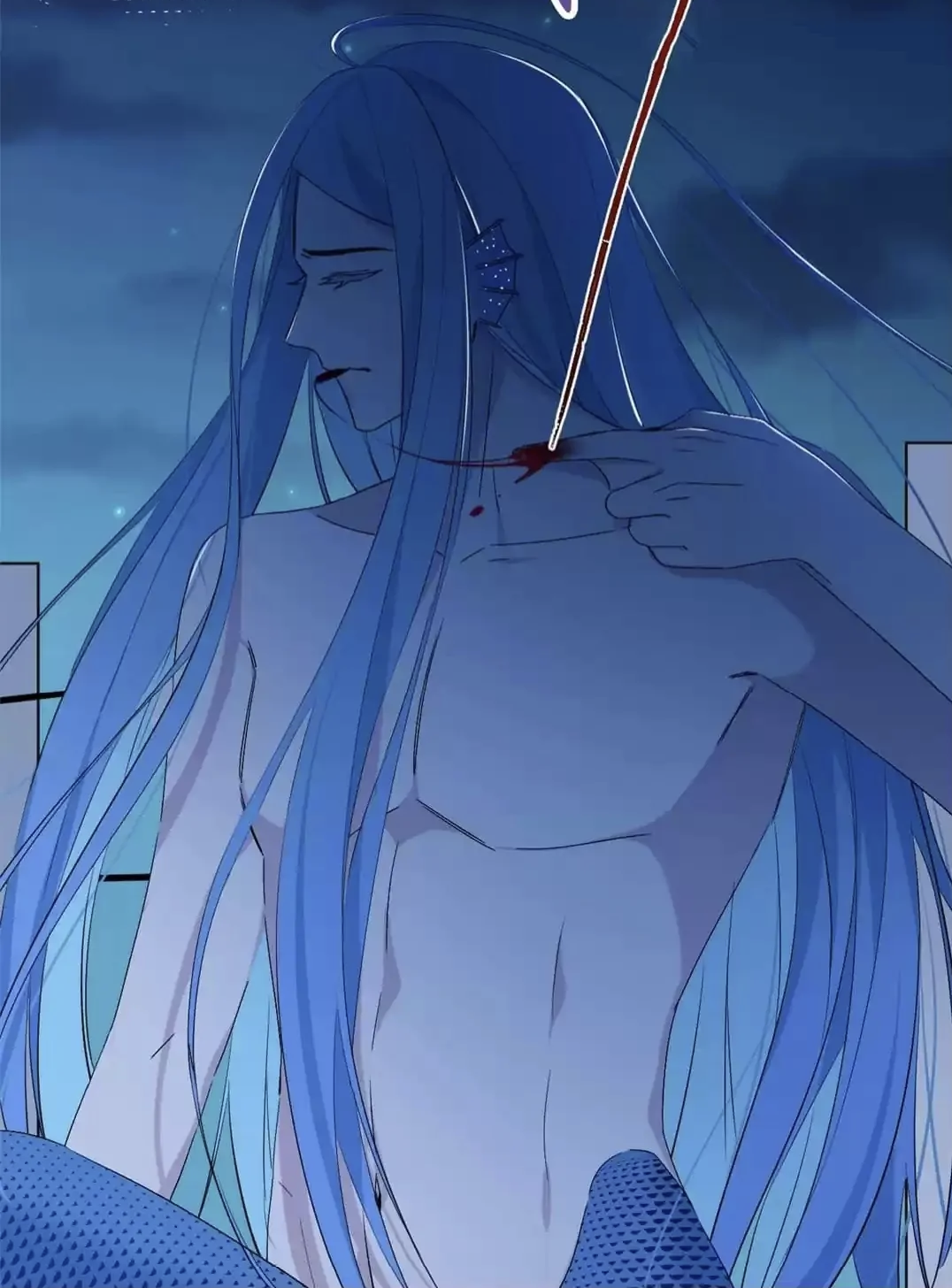 the image is a digital illustration or drawing of a male mermaid with long, flowing blue hair. he has a bare chest and a wound on his neck that's bleeding slightly. the setting appears to be underwater, with a dark, twilightlike atmosphere. the mermaid looks pained or suffering, adding a dramatic tone to the image. the art style is reminiscent of anime or manga, featuring delicate lines and soft shading.