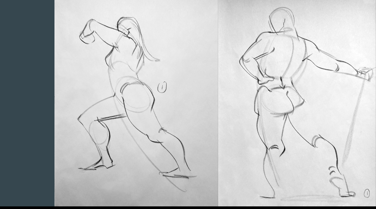 a page with two figure sketches on it. both figures are in dynamic poses, with the figure on the left leaning forward and the figure on the right reaching out with their arm. the drawings are done in charcoal or pencil, with a loose, gestural style. the focus is on capturing the movement and energy of the figures rather than creating detailed representations.