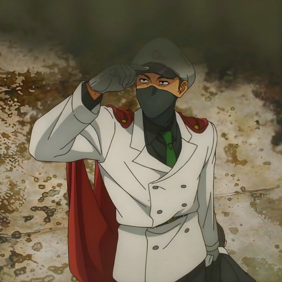 the image features a male anime character dressed in a white militarystyle uniform with a red cape. he is wearing a black mask that covers his lower face and a matching cap. he is saluting with his right hand, which is covered by a white glove. the background is a rocky terrain with a muted green and brown color scheme, suggesting an overcast sky. the lighting is soft and natural, casting shadows on the character and the environment. the low camera angle adds to the character's imposing presence.