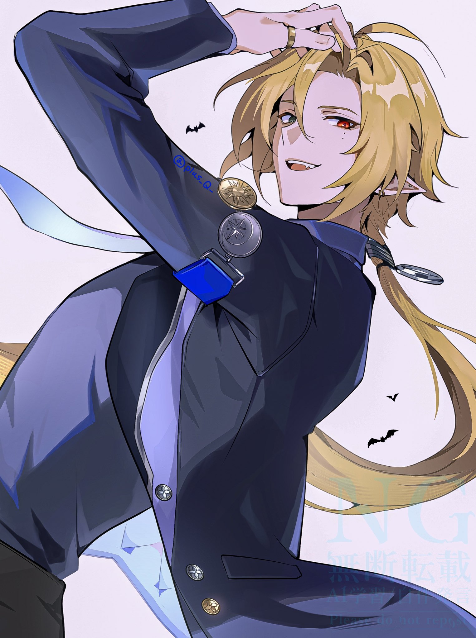 an anime character with blonde hair, red eyes, and fangs is shown wearing a dark blue suit. he has elf ears, a ring on his finger, and medals and pins on his suit. there are bats in the background. he is smirking and has a tie.