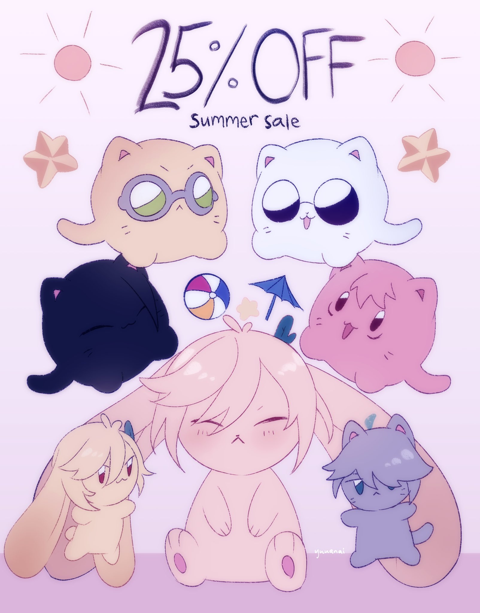 this is an illustration of a summer sale with cute cartoon characters. the main character is a pink bunny with a light pink tail, big eyes, and closed eyes. it has short pink hair. the background is pink with a blue and grey background. there are a few other characters on the background, a blue cat with grey ears, a yellow bunny with white ears, a black cat with white ears, a pink cat with yellow ears, and a white cat with black ears. the background has a beach ball, an umbrella, suns, stars, and the text "25% off summer sale" in black.
