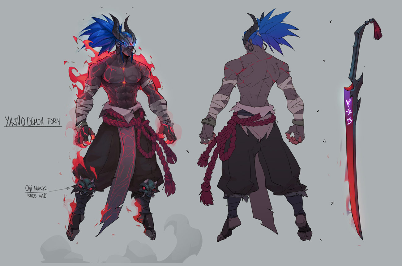 a digital illustration of a character concept for yasuo, a champion from the video game league of legends. the character is in his demonic form, with red flames surrounding him, and his skin is a dark, demonic grey. he is wielding a red sword with purple lighting effects and a tassel on the hilt.  there is writing in japanese on the blade and a purple glow. the image is split into two, showing both his front and back, as well as annotations for the design, highlighting the demon mask and the knee pads. the art style is vibrant, with distinct lines and a stylized look.