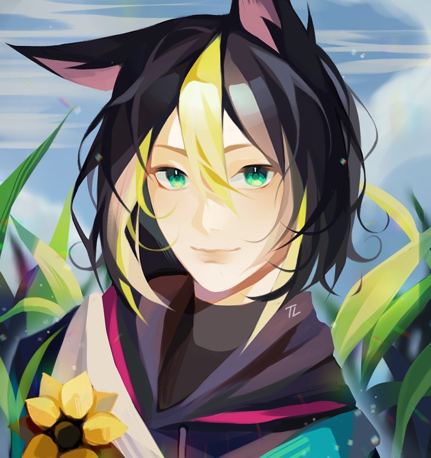 the image is a digital painting or illustration in a vibrant anime style. it depicts a young woman with black and yellow hair styled in a way that gives her the appearance of cat ears. she has bright green eyes and is wearing a darkcolored hooded sweatshirt with teal accents. she is smiling gently and seems to be holding a sunflower. the background features stylized tall plants suggestive of corn stalks or similar vegetation, adding to a dreamy, almost fantasylike setting outdoors on a bright day. the overall style is painterly and whimsical, with a focus on soft yet bold colors.