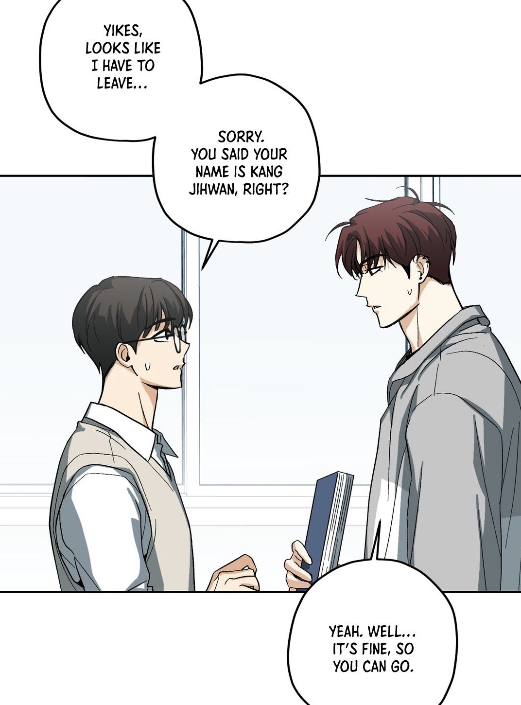 he image is a panel from a korean manhwa (webtoon). it depicts two young men, one with glasses and a beige sweater, and the other with brown hair and a grey coat.  they are having a conversation. the speech bubbles show one man saying he needs to leave and the other apologizing and then saying it's fine for him to go. the overall style is clean and modern, typical of korean webtoons, with emphasis on character expressions and dialogue. the scene takes place in what seems like a school or university setting.  there are books or notebooks present suggesting an academic or studious environment.