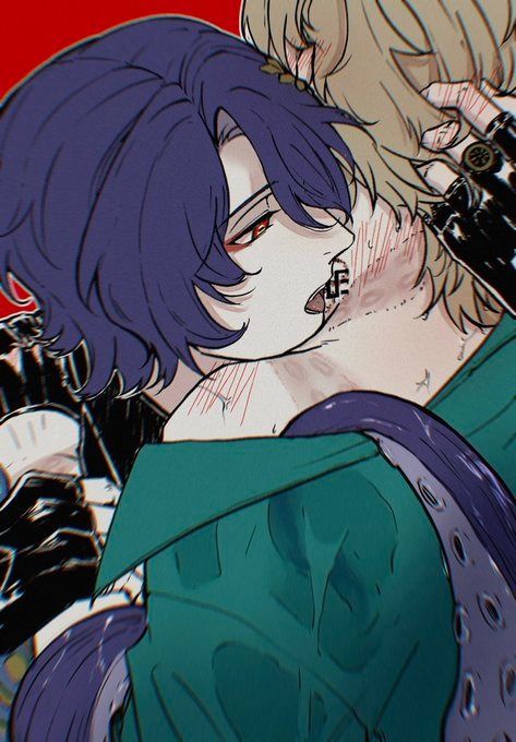 the image is a piece of digital fanart in an anime style, depicting a passionate and intense scene between two young men.  the individual with purple hair is leaning in to kiss the other, who has blond hair.  the blondhaired individual's neck and face show noticeable scratches or markings indicating some level of struggle or violence.  the purplehaired character is wearing dark gloves, and the blondhaired character has on a teal or green jacket. a dark purple element, resembling an octopus tentacle, is visible near the characters. the overall tone is dark and suggestive, with a focus on intimacy and possibly a power dynamic. the style is reminiscent of manga and anime illustrations.