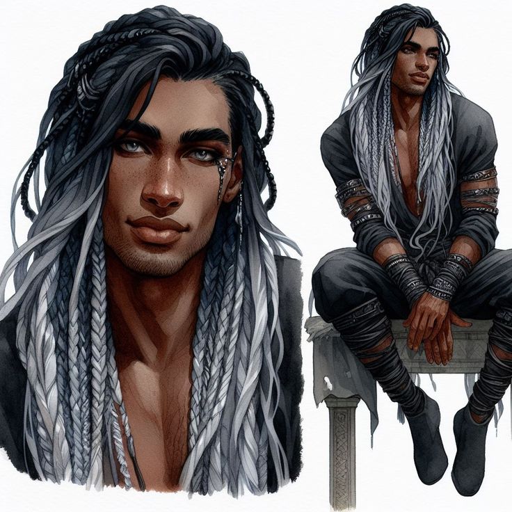 the image is a digital illustration of a young man with long, black and white braids. he has brown skin, piercing blue eyes, and a confident expression. he is wearing a simple, dark outfit consisting of a loosefitting shirt and pants. he is adorned with leather straps and metal accents, adding a touch of ruggedness to his appearance. he is posed casually, seated on a stone ledge, his hands resting on his knees. the background is a plain white, drawing all attention to the subject. the overall style of the illustration leans towards fantasy, hinting at a character who might exist in a world of magic and adventure.