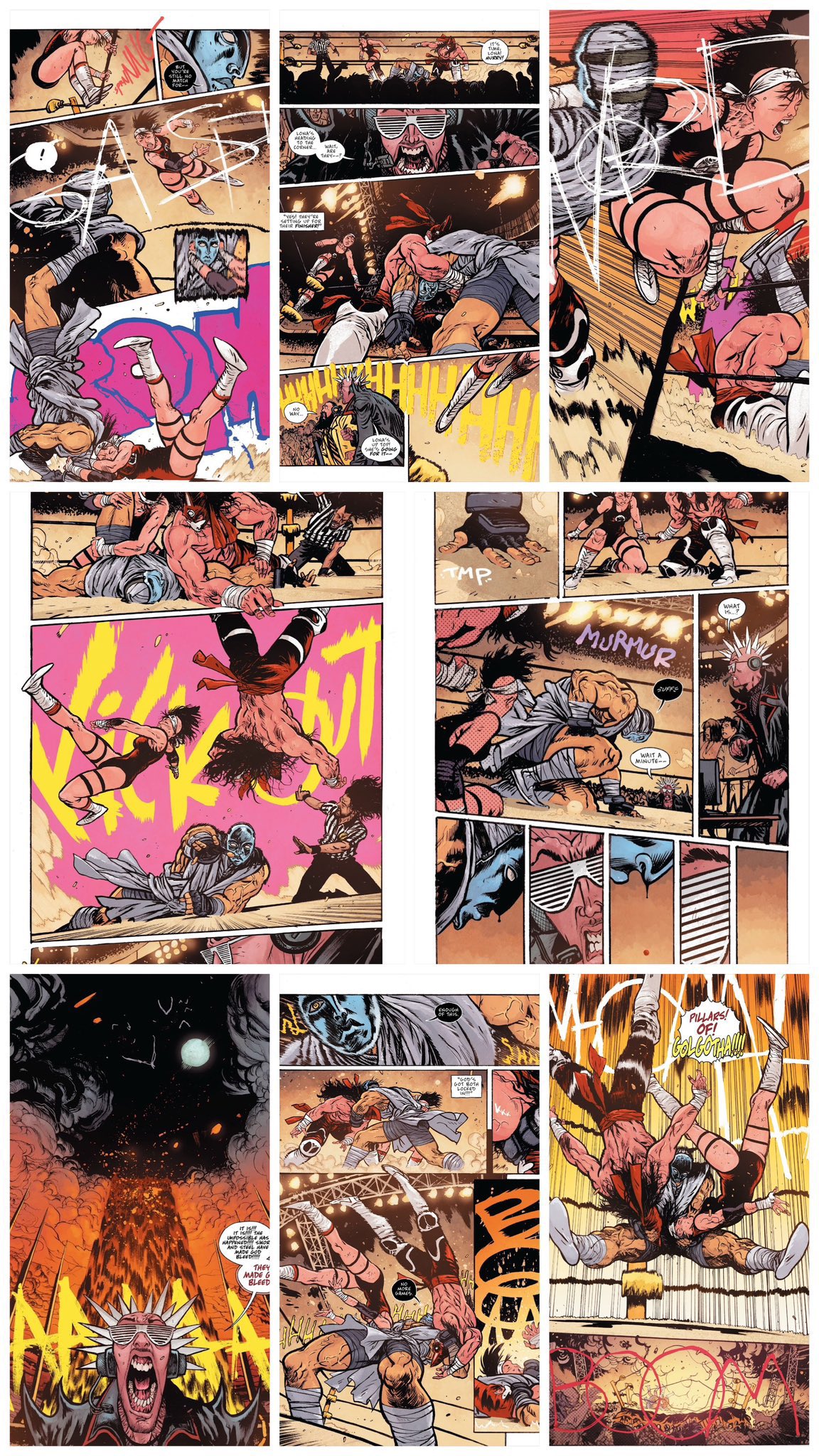his image is a page from a comic book depicting a series of intense wrestling matches.  the panels show various wrestlers in action, with dynamic poses and expressions.  the art style is graphic and stylized, with bold lines, vibrant colors, and a focus on movement and impact.  the wrestlers are depicted in various states of combat, some masked, others not. the background features a wrestling arena and other suggestive details. the overall mood is one of high energy and excitement.