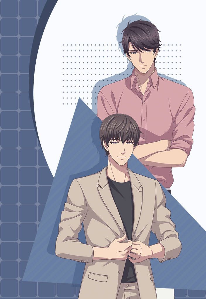 this is a digital illustration of two handsome anime boys, one is wearing a suit jacket, the other is wearing a light pink shirt, they are standing next to each other in a friendly pose, with a romantic undertone.  the boys are facing each other, and their expressions suggest a strong bond between them.  the background is simple, with a blue and white checkered pattern.  the artwork is done in a modern style, with clean lines and vibrant colors.