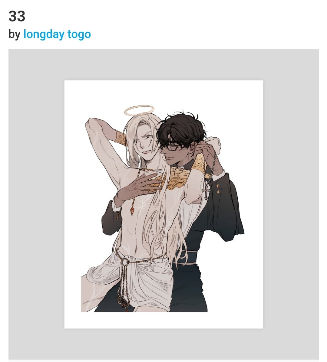the image is a piece of fanart depicting two men intimately embracing. one man has long, lightcolored hair and appears angelic, with a halo above his head. he's wearing a lightcolored, flowing garment with gold accents. the other man has dark hair, glasses, and is dressed in dark clothing that resembles a priest's attire, a cross visible on his collar. the style is reminiscent of anime and manga, with smooth lines and delicate shading. the overall mood is romantic and sensual, suggestive of a close relationship between the two characters. the artwork is clean and wellexecuted.