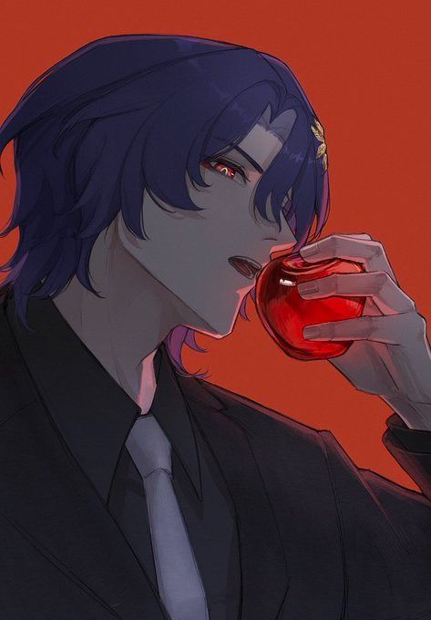 the image is a digital painting or illustration of an animestyle male character. he has dark purple hair, striking red eyes, and is wearing a dark suit and tie.  he is depicted in profile, holding and seemingly eating a bright red apple. the background is a solid, deep red color, which contrasts sharply with the character’s dark clothing. the overall style is dark, dramatic, and elegant. the lighting emphasizes his features and creates a sense of mystery. the piece likely falls under the category of fanart.