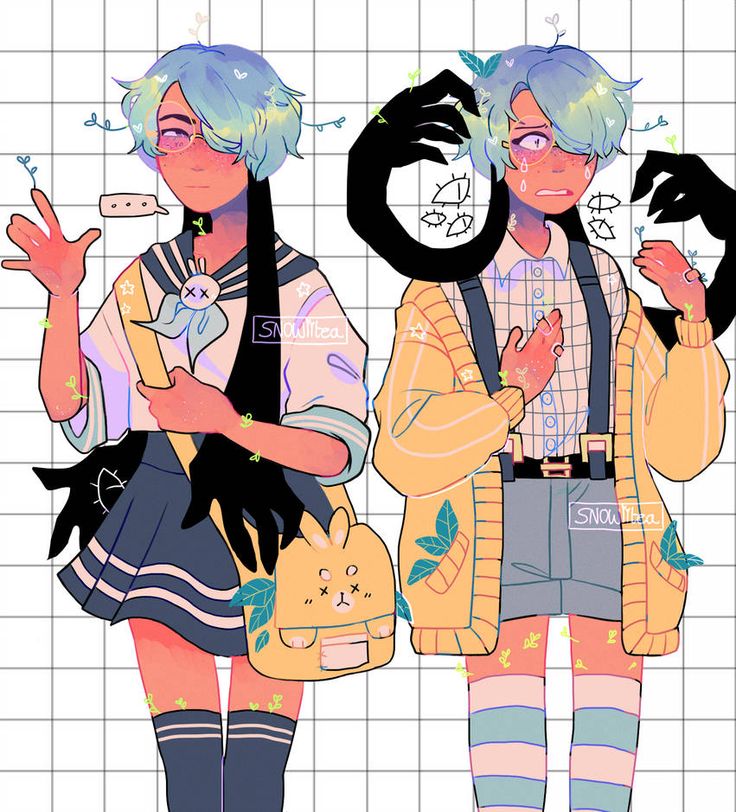 two anime girls standing side by side. the girl on the left has short blue hair with yellow highlights and is wearing a blue and white sailor uniform with a yellow and white striped tie. she's carrying a yellow backpack with a bunny face. the girl on the right has longer blue hair with yellow highlights and is wearing a yellow cardigan over a checkered shirt. she's wearing a black belt and blue shorts and white and green striped socks. both girls are surrounded by shadowlike arms and hands, with small plants and flowers growing around them. the image is digital art and created in a cartoon style.
