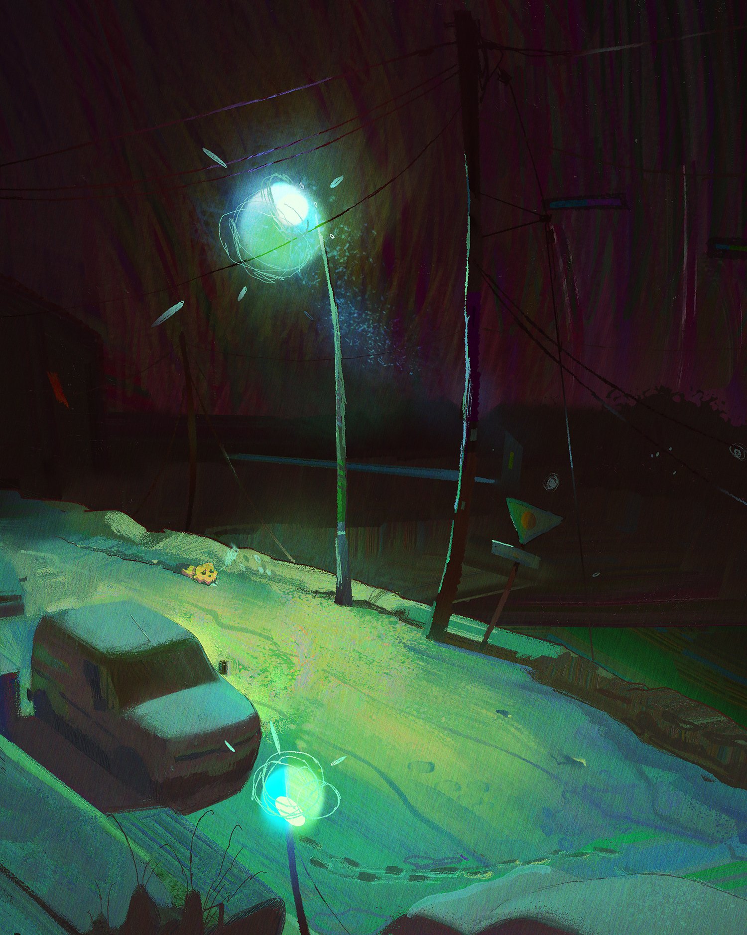 the image is a digital painting depicting a snowy street at night. a car is parked on the side of the road, illuminated by a bright green streetlight. the overall mood is cold, atmospheric, and serene. the style is abstract and expressive, with visible brushstrokes and textures. the colors are predominantly dark, with pops of vibrant green from the streetlights and hints of purple in the background. the scene is quiet and lonely, creating a peaceful yet somewhat desolate atmosphere.  the perspective is slightly elevated, looking down at the street and car.