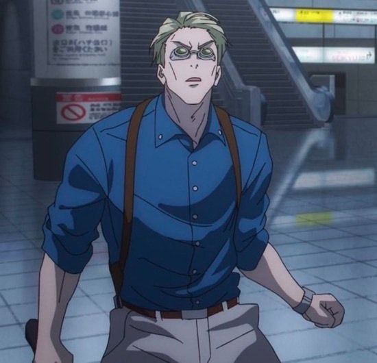 this is an anime image featuring a man in a subway station. he appears to be midaction, possibly surprised or caught off guard. he is wearing a blue shirt, gray pants with brown suspenders, and has short blond hair and round glasses. the setting is brightly lit with artificial light. there are stairs and railings visible in the background, along with japanese signage, suggesting a japanese subway station.