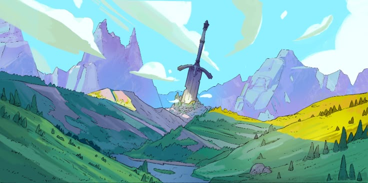 the image shows a cartoon landscape with a giant sword sticking out of a rocky hill in the center. in the background are purple mountains, and the sky is light blue with white clouds. the foreground consists of green hills and trees, with a small body of water visible in the valley. the overall style is reminiscent of a handdrawn illustration or a background from an animated series.